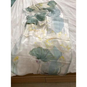 Women's Silk Green  Lotus Leaves Long Scarf Shawl for Head Neck and Hair Wrap